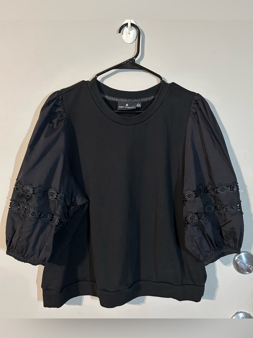Emily Lovelock cotton jersey Top LARGE black Puff-Sleeve lace embellished gothic